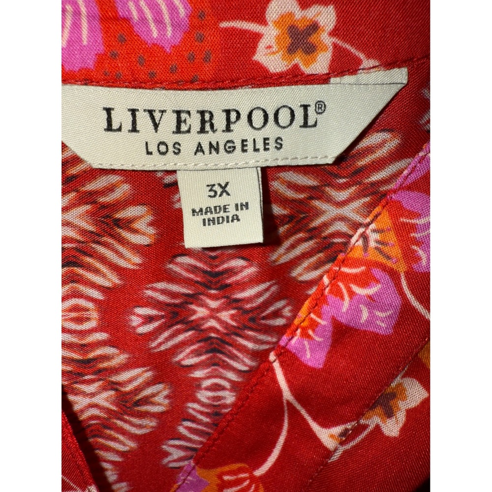 Liverpool Womens 3X Blouse Orange Red Floral Blouson Sleeve Button Front NWT $98 - Picture 4 of 6